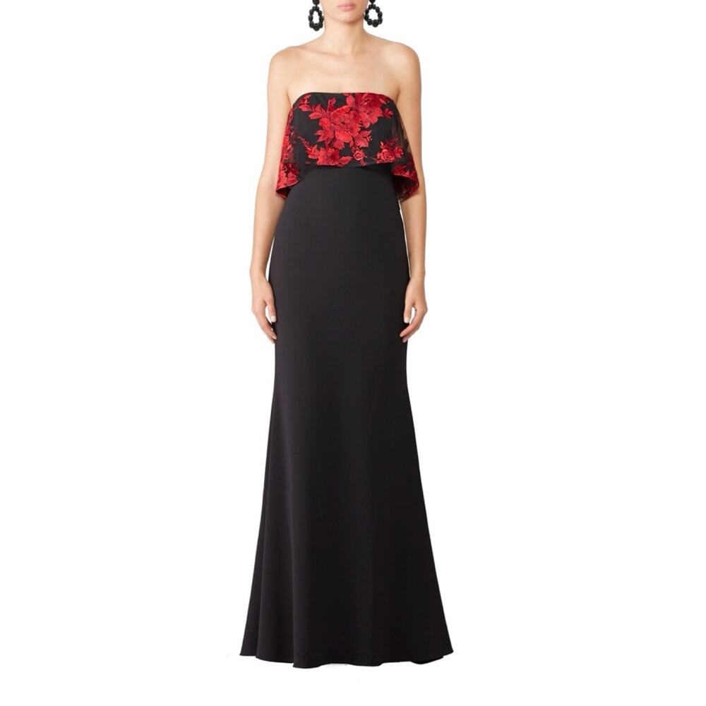 BADGLEY MISCHKA Strapless Floral Popover Black Dress